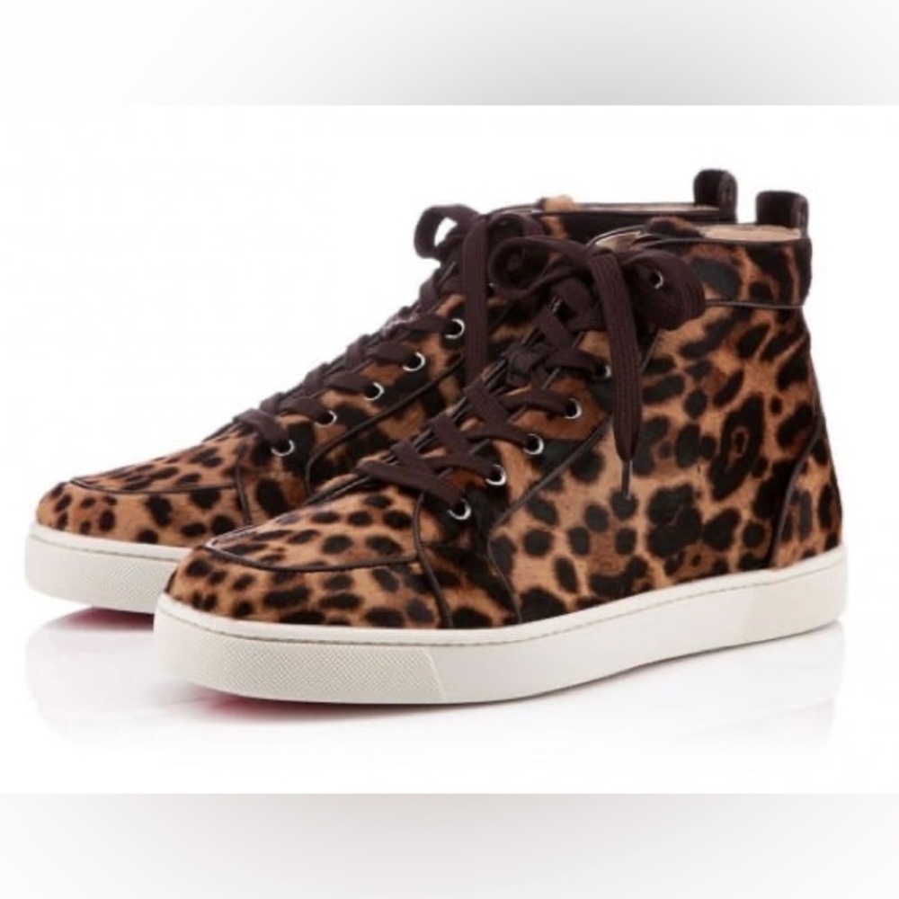 Christian Louboutin Brown/Beige Pony Hair Rantus Orlato High Top Sneakers Sz 38